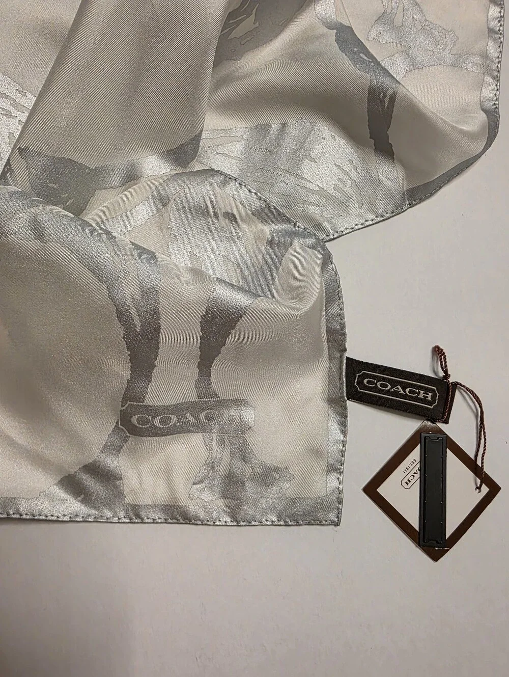 Coach 100% Silk Metallic Silver Signature C Square Scarf ~28